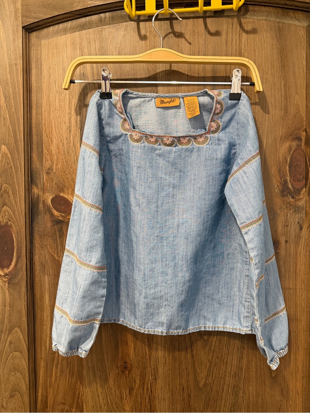 Wrangler Light Blue Embroidered Chambray Peasant Top